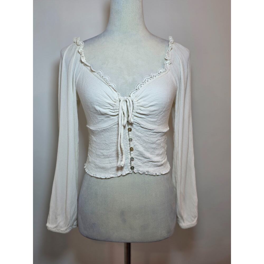 Mahina Smocked Milkmaid Boho Crop Top Sz S Coquette Cottage Puff Sleeve Fairy